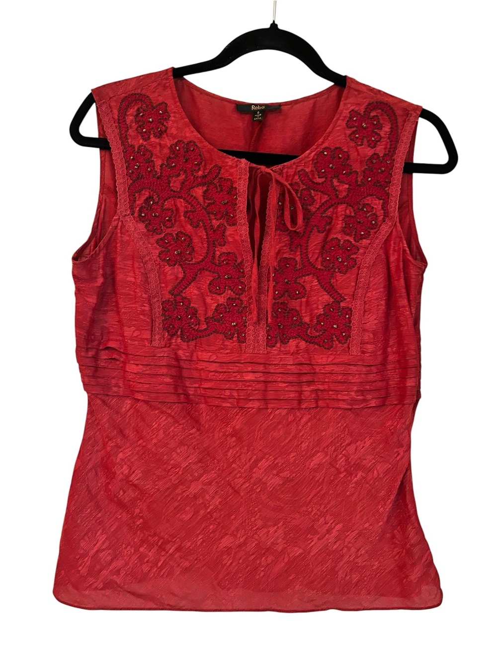 Reba Red Silk and Linen sleeveless intricate embroidered top size 8